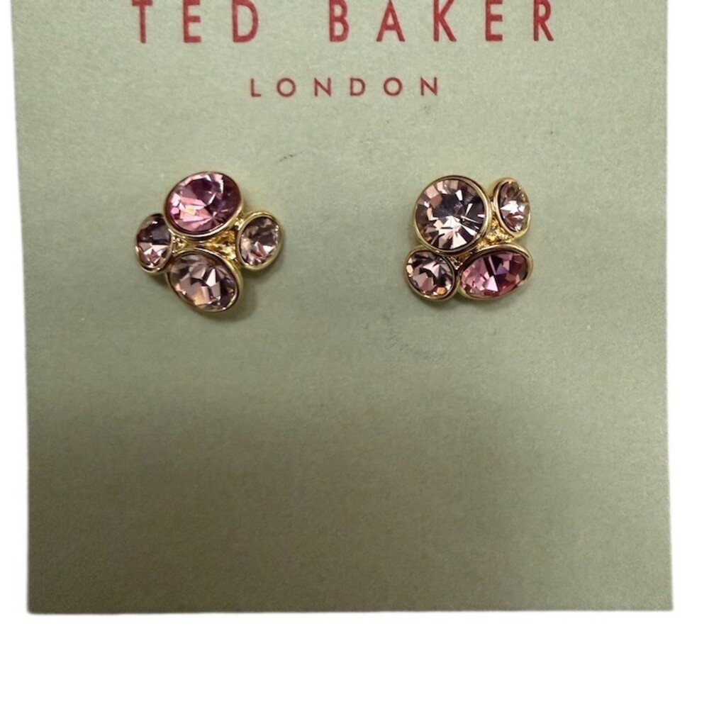 Ted Baker London Earrings Pink Crystal Cluster Stud Gold Tone Butterfly